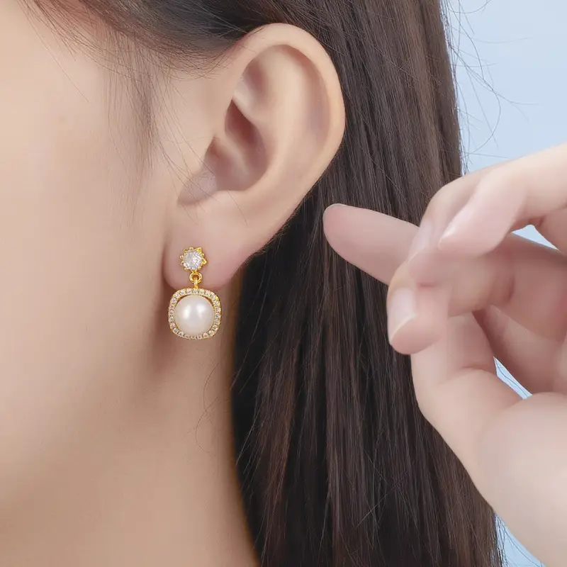 Square Diamond Freshwater Pearl Earrings for Women — feature 4
