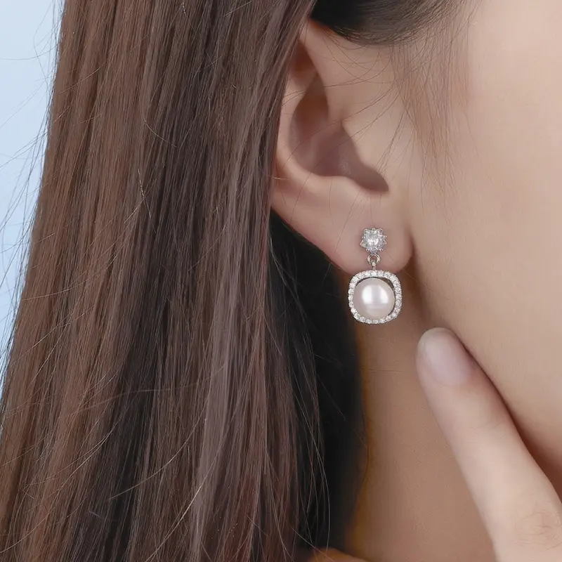 Square Diamond Freshwater Pearl Earrings for Women — feature 5