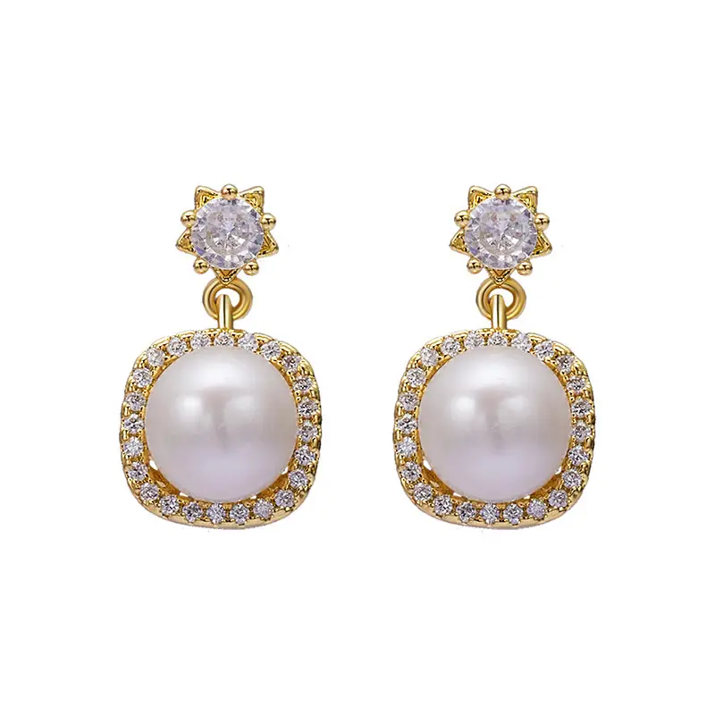 Square Diamond Freshwater Pearl Earrings for Women — feature 9