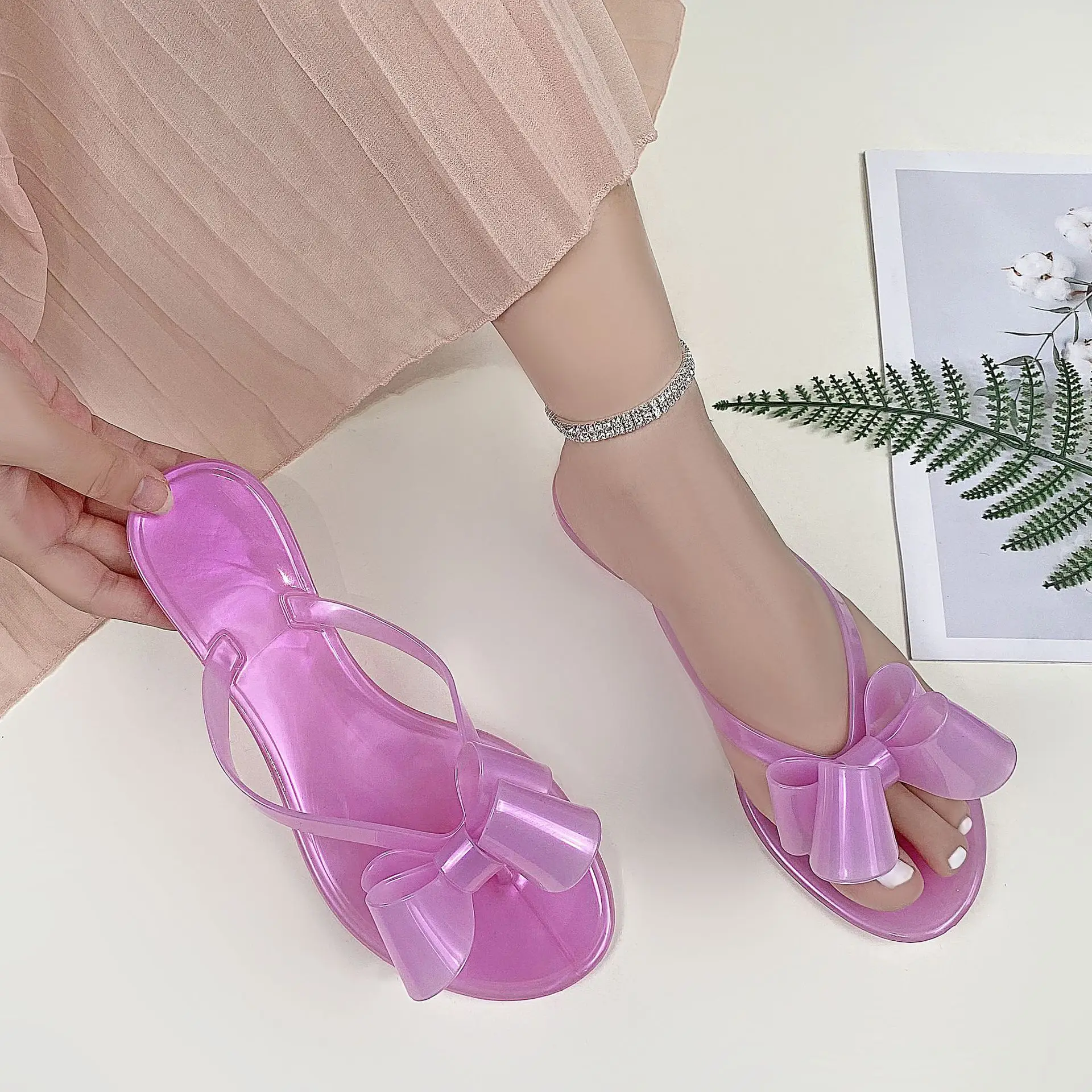 Women Pink Jelly Butterfly Flat Sandals Summer