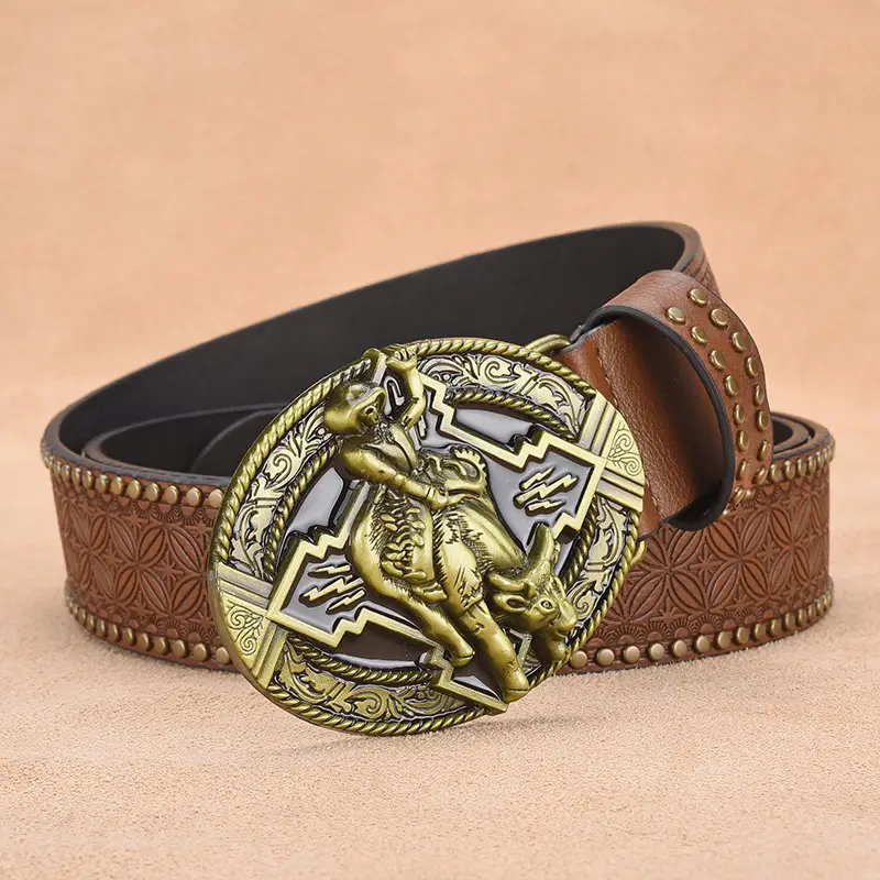 Retro Punk Belt Men Black Rivet Zodiac Design - Image 4