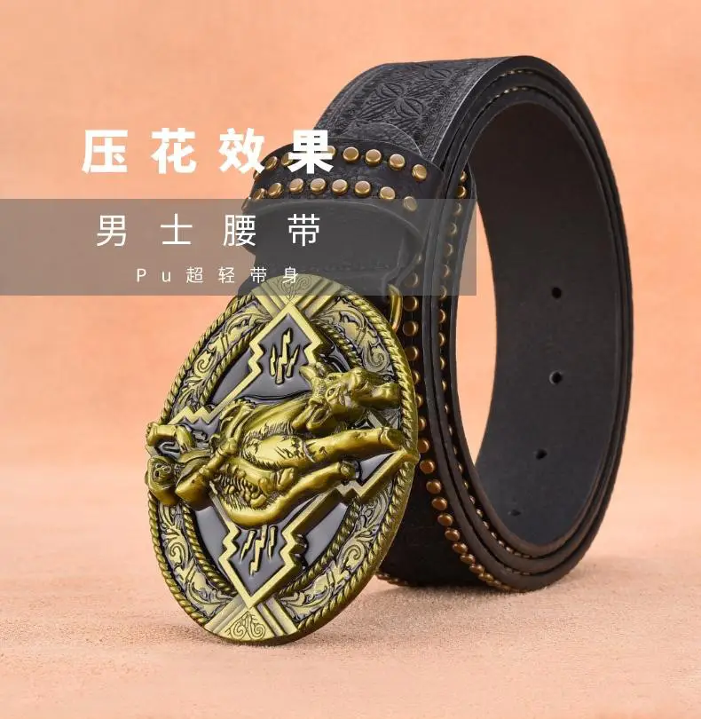 Retro Punk Belt Men Black Rivet Zodiac Design — feature 1