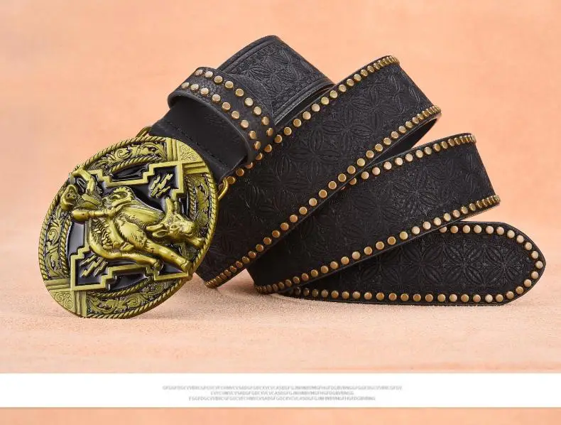 Retro Punk Belt Men Black Rivet Zodiac Design — feature 4