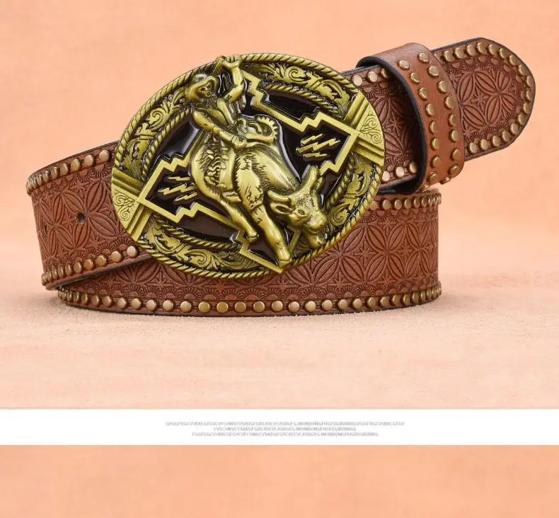 Retro Punk Belt Men Black Rivet Zodiac Design — feature 7