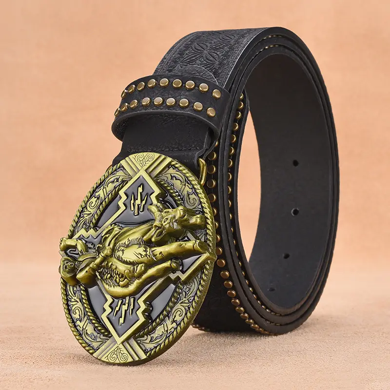 Retro Punk Belt Men Black Rivet Zodiac Design