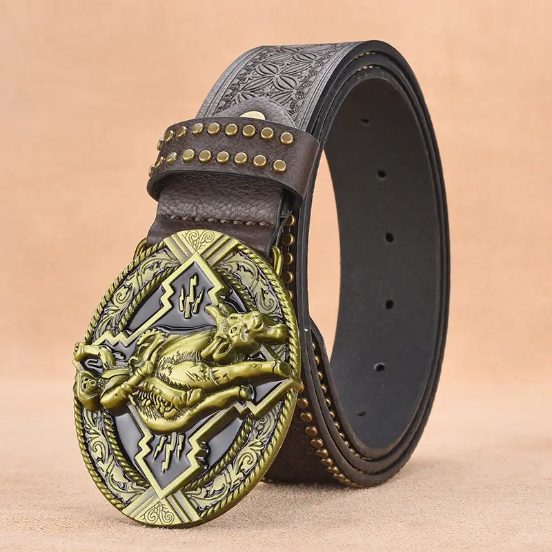 Retro Punk Belt Men Black Rivet Zodiac Design - Image 2