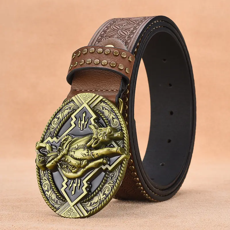 Retro Punk Belt Men Black Rivet Zodiac Design - Image 3