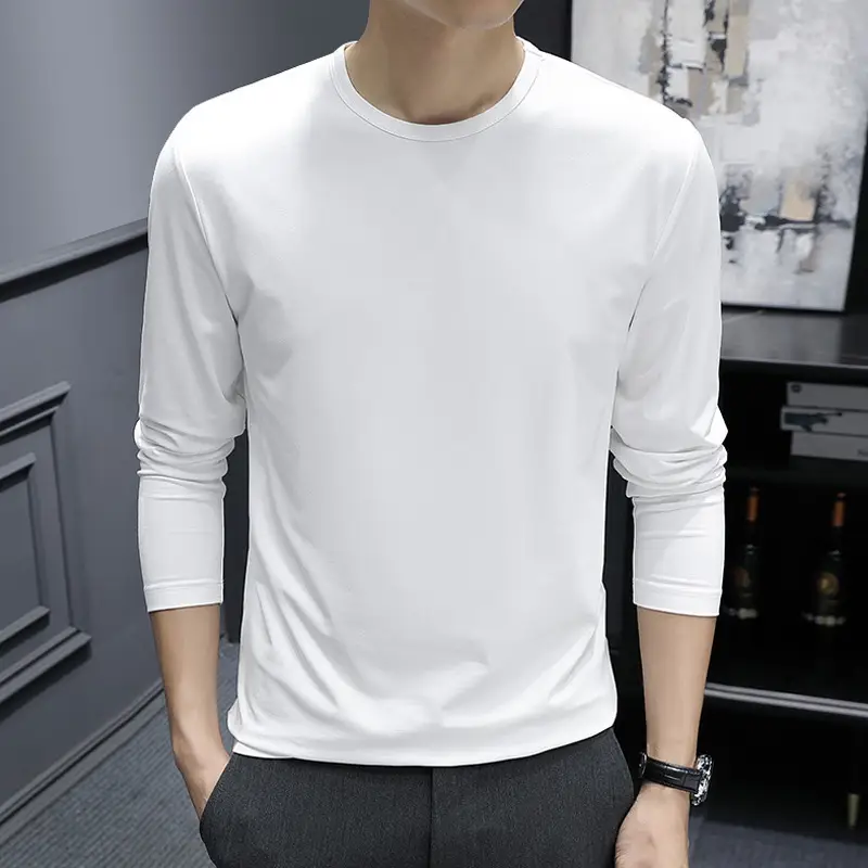 Men's V-Neck Long Sleeve T-Shirt Slim Fit White - Image 2