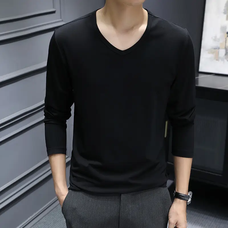 Men's V-Neck Long Sleeve T-Shirt Slim Fit White - Image 5