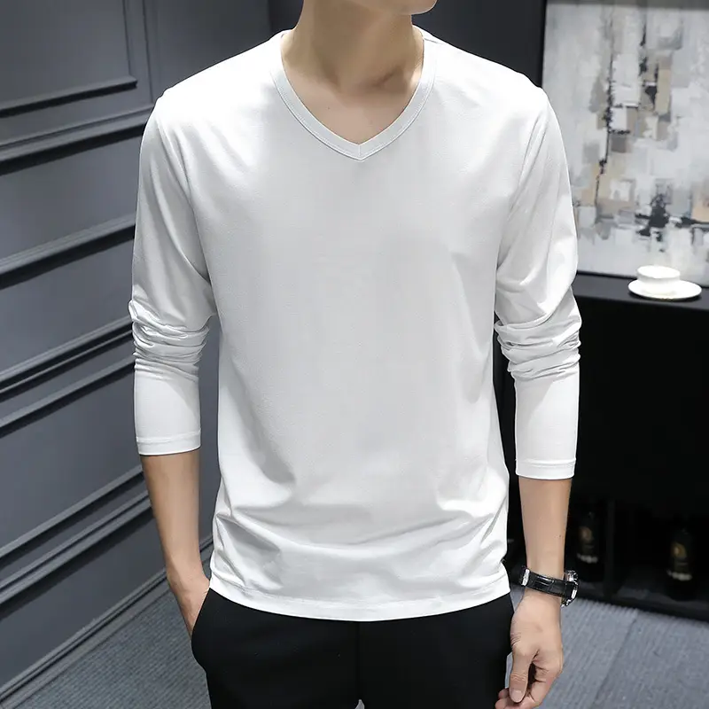 Men's V-Neck Long Sleeve T-Shirt Slim Fit White - Image 6