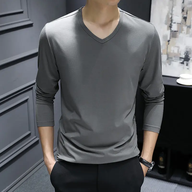 Men's V-Neck Long Sleeve T-Shirt Slim Fit White - Image 7