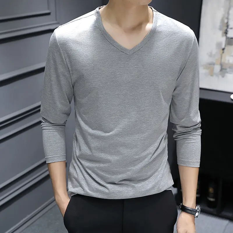 Men's V-Neck Long Sleeve T-Shirt Slim Fit White - Image 8