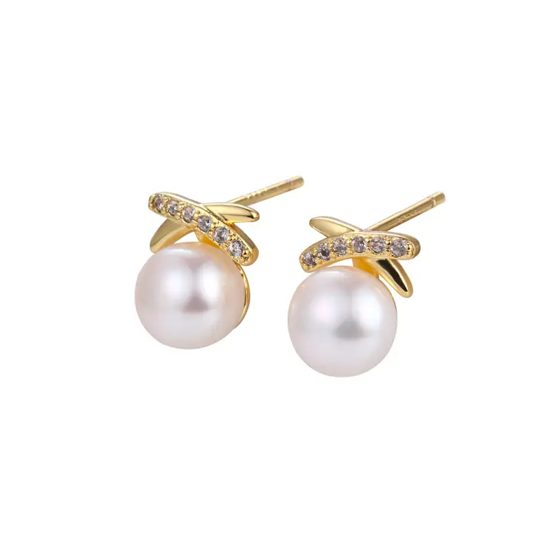 Natural Pearl Cross Diamond Earrings Small Fashion - Image 7