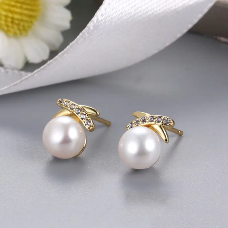 Natural Pearl Cross Diamond Earrings Small Fashion — feature 10