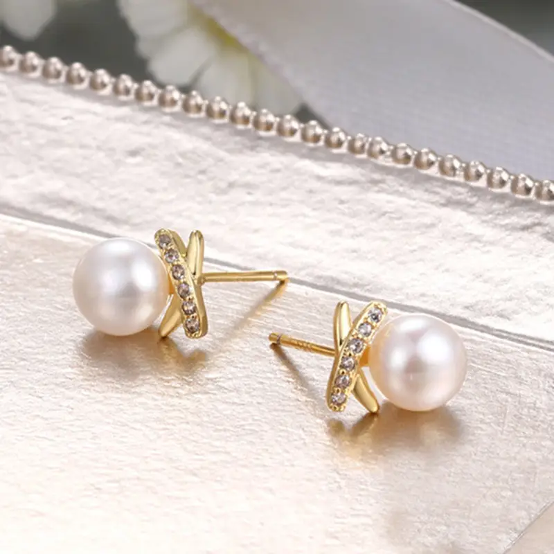 Natural Pearl Cross Diamond Earrings Small Fashion — feature 11