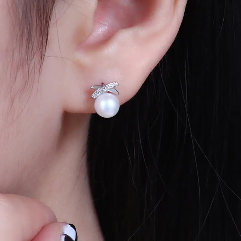 Natural Pearl Cross Diamond Earrings Small Fashion — feature 4