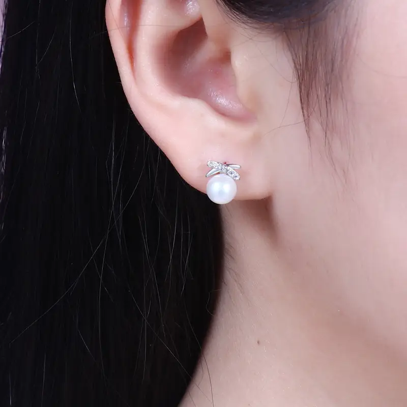 Natural Pearl Cross Diamond Earrings Small Fashion — feature 5