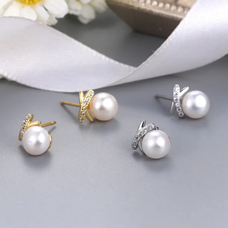 Natural Pearl Cross Diamond Earrings Small Fashion — feature 7