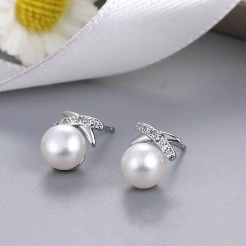 Natural Pearl Cross Diamond Earrings Small Fashion - Image 2