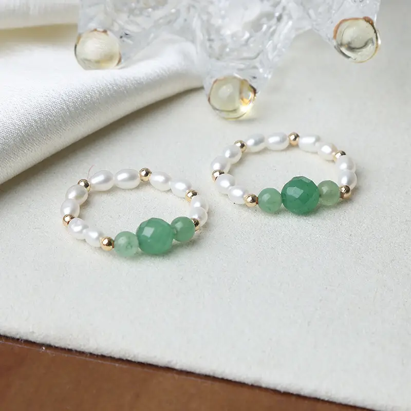 American 14K Gold Pearl Ring with Green Stone