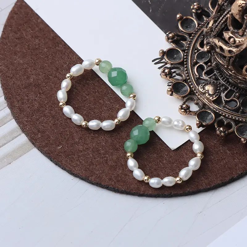 American 14K Gold Pearl Ring with Green Stone