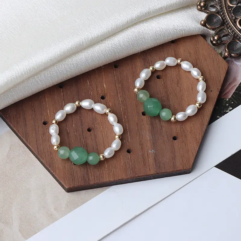 American 14K Gold Pearl Ring with Green Stone