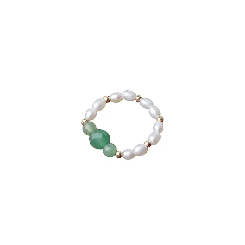 American 14K Gold Pearl Ring with Green Stone