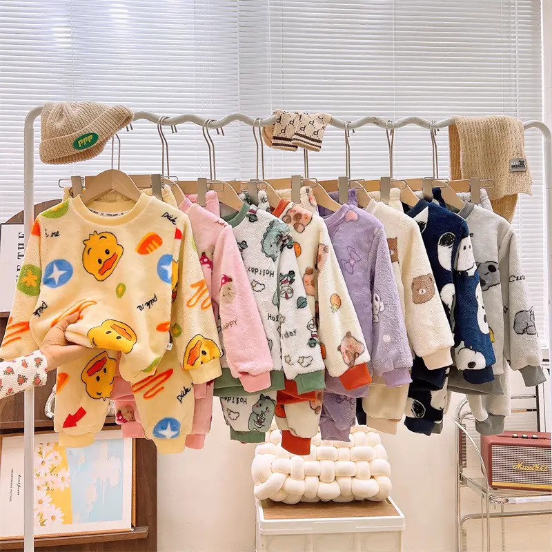 Children's Flannel Pajamas suit Autumn and Winter Men's and Women's Middle and Big Children's Warm fleece-lined Thickened Autumn Clothes Autumn Trousers Home Clothes - Image 12
