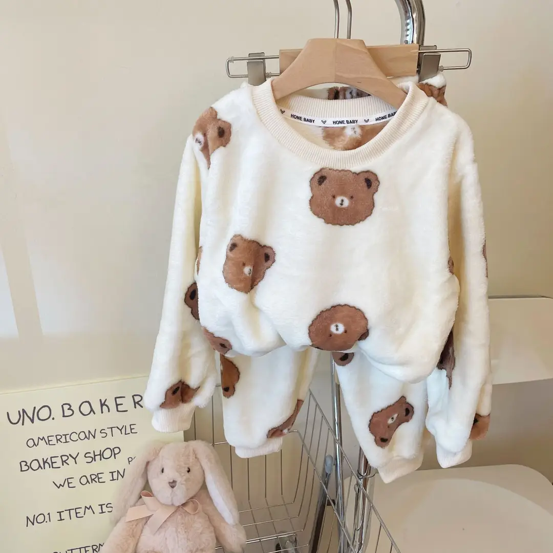 Children's Flannel Pajamas suit Autumn and Winter Men's and Women's Middle and Big Children's Warm fleece-lined Thickened Autumn Clothes Autumn Trousers Home Clothes - Image 3