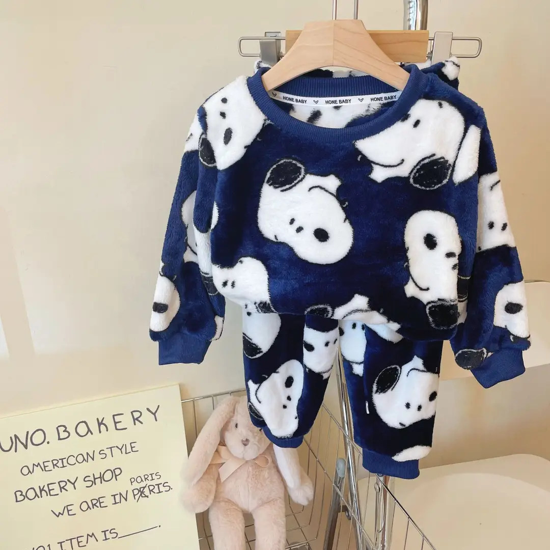Children's Flannel Pajamas suit Autumn and Winter Men's and Women's Middle and Big Children's Warm fleece-lined Thickened Autumn Clothes Autumn Trousers Home Clothes - Image 4