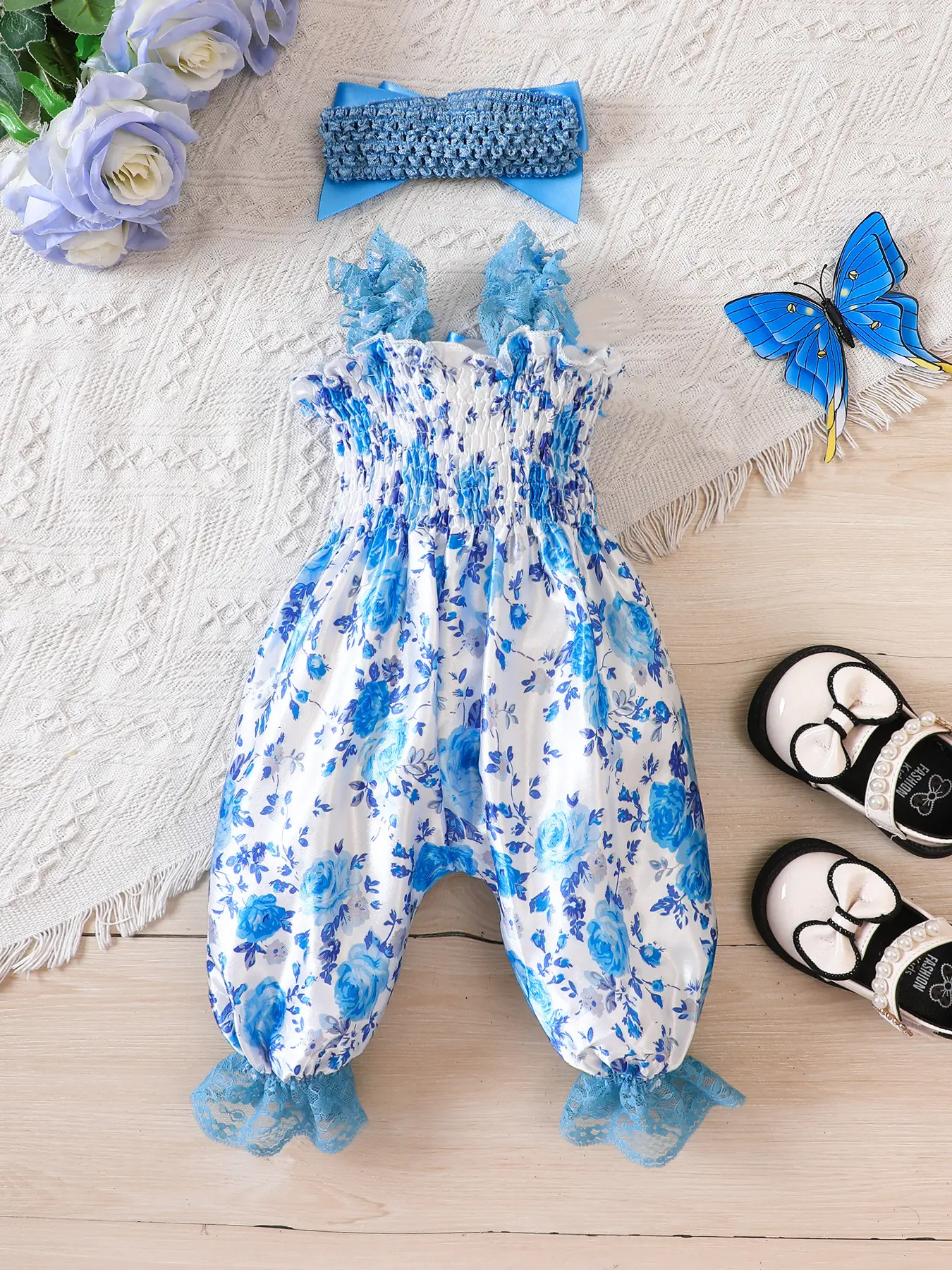 Blue Floral Printed Girls' Suspenders Outfit - Image 5