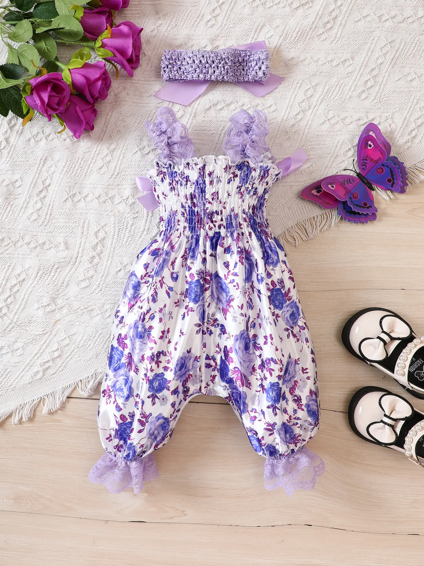 Blue Floral Printed Girls' Suspenders Outfit - Image 7