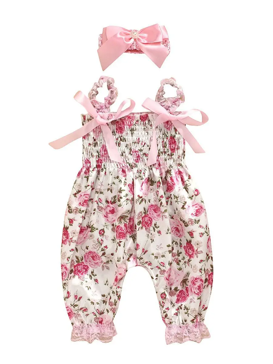 Blue Floral Printed Girls' Suspenders Outfit - Image 8