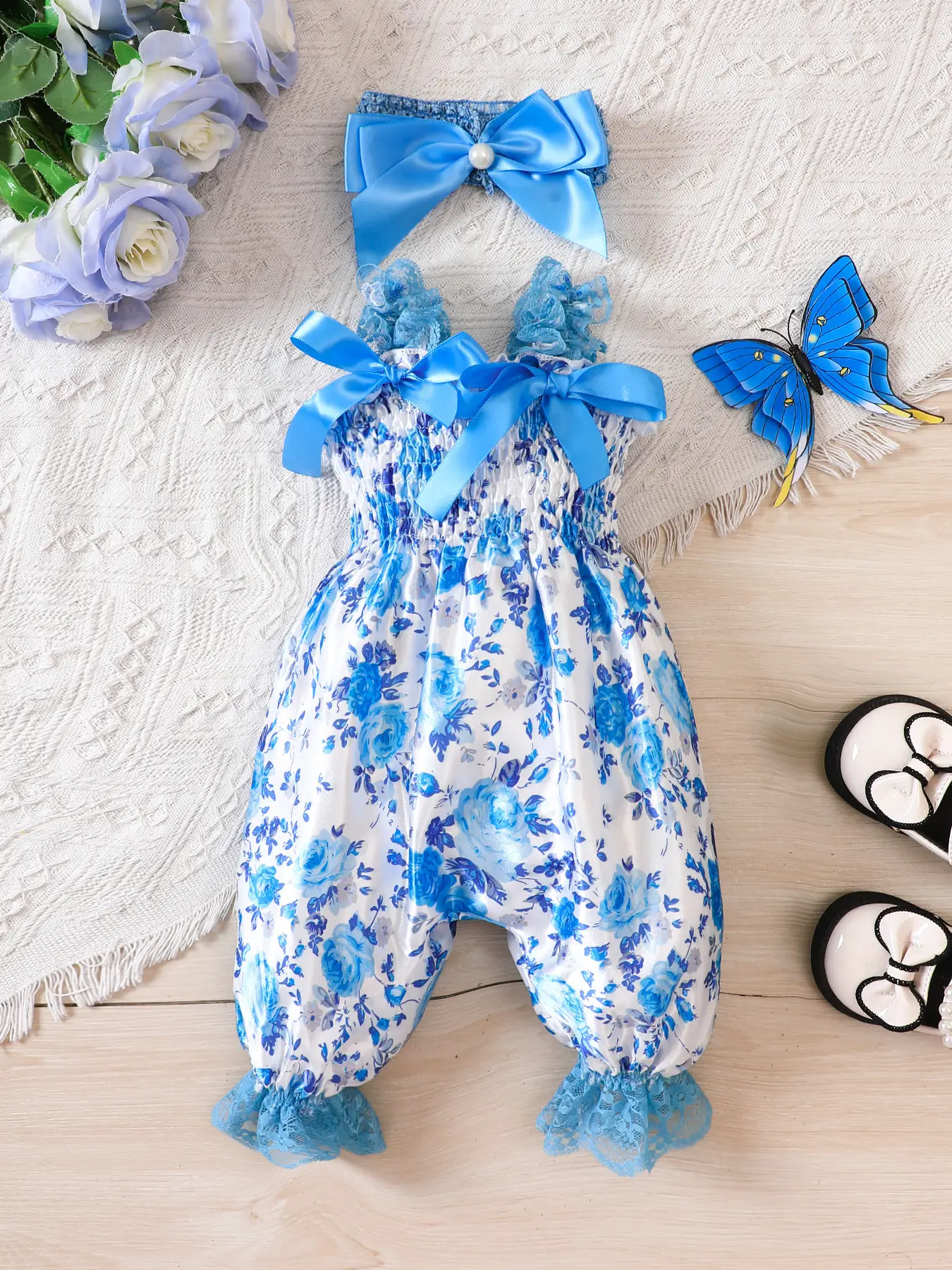Blue Floral Printed Girls' Suspenders Outfit - Image 2