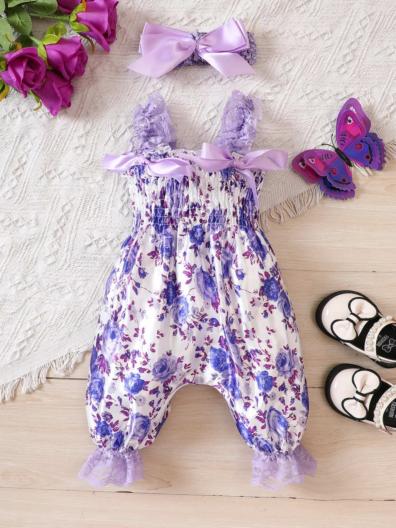 Blue Floral Printed Girls' Suspenders Outfit - Image 3