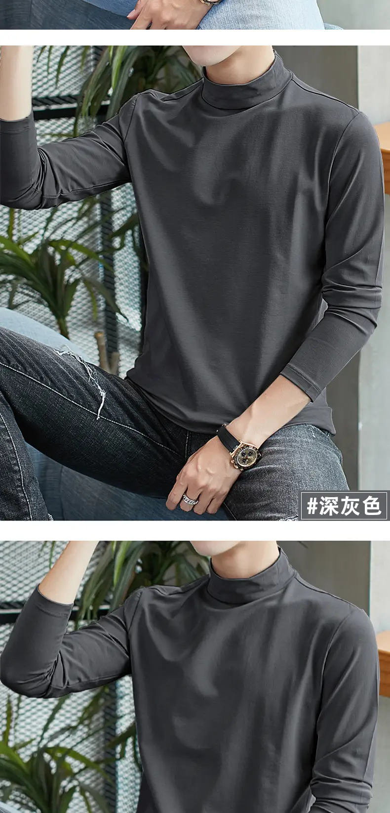 Men Grey Turtleneck Long Sleeve T-Shirt — feature 11