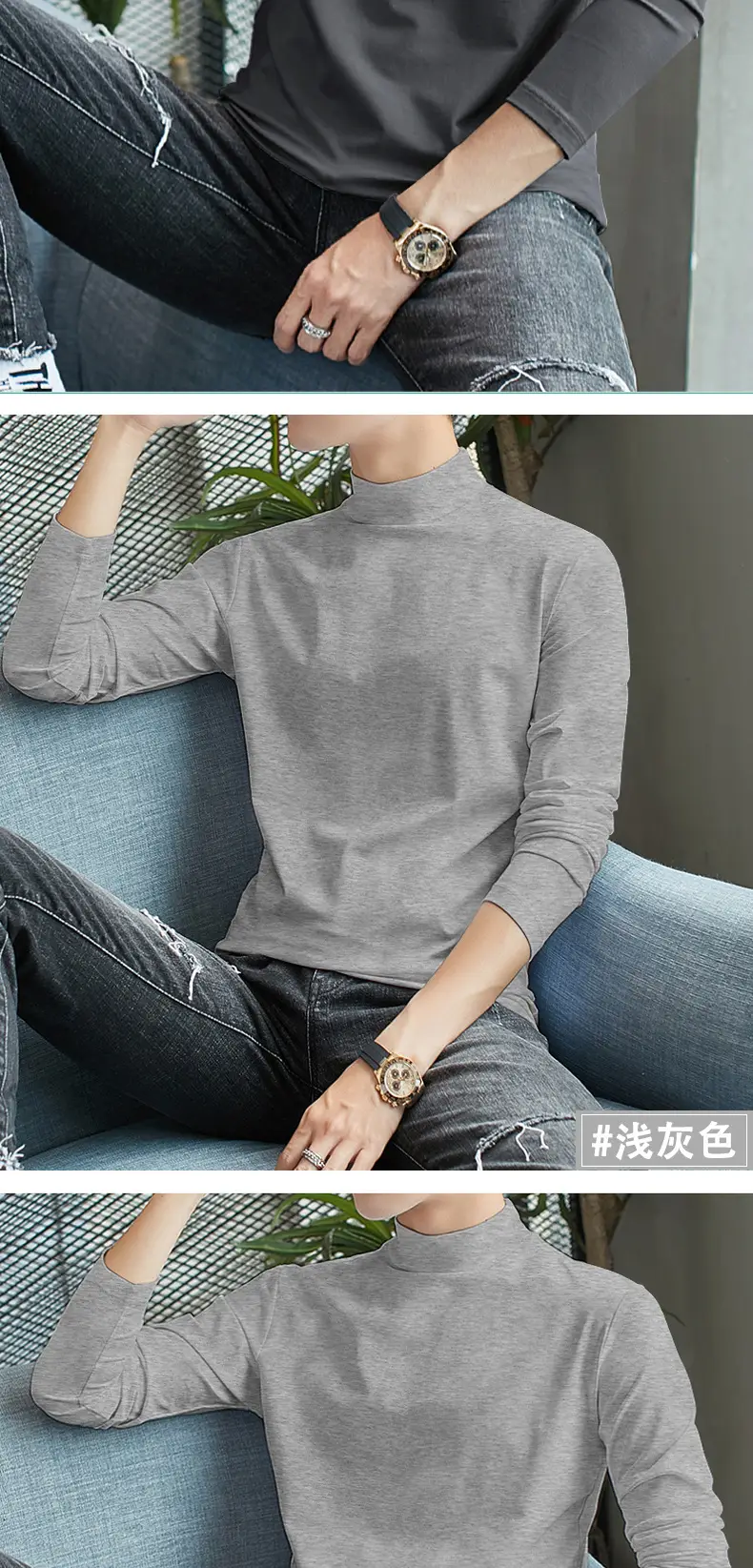 Men Grey Turtleneck Long Sleeve T-Shirt — feature 12