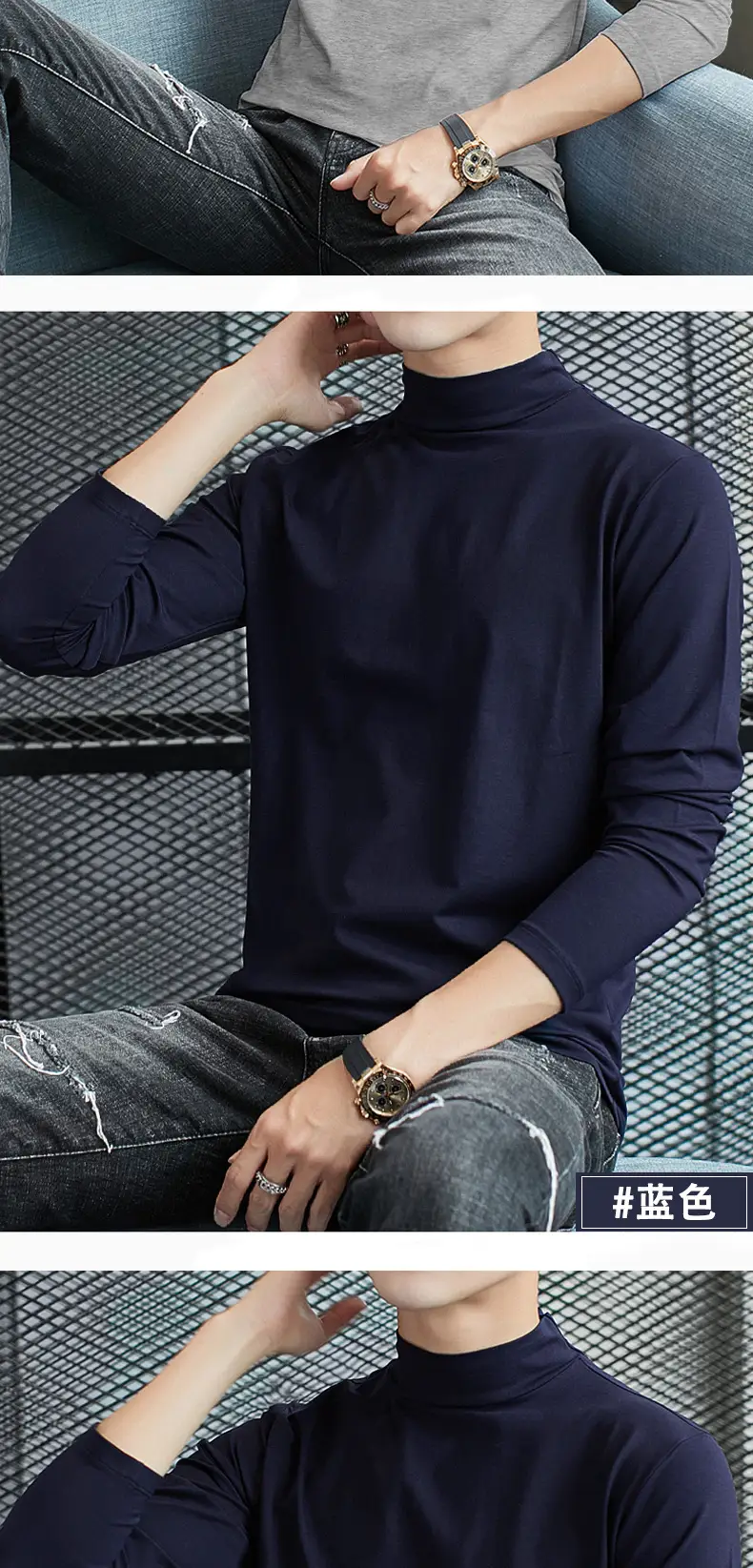 Men Grey Turtleneck Long Sleeve T-Shirt — feature 13