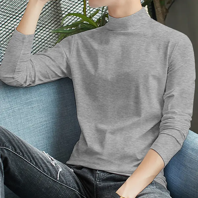 Men Grey Turtleneck Long Sleeve T-Shirt - Image 9