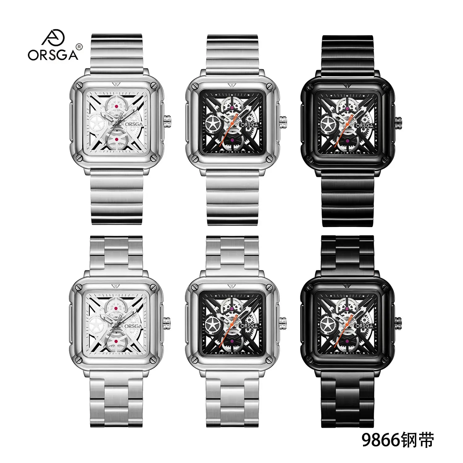 Black Square Hollow Watch with Skeleton Design - Image 13
