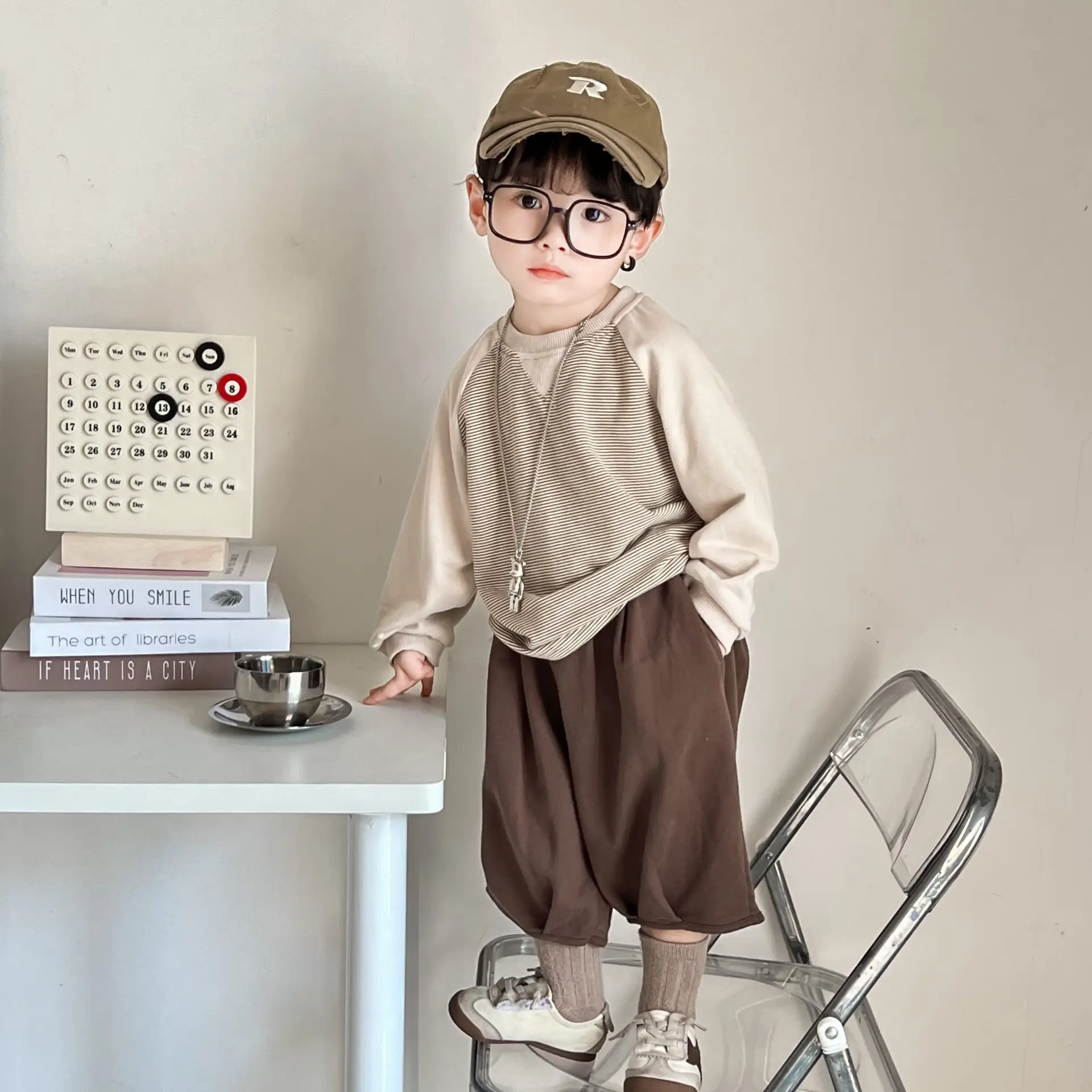 Kids Long Sleeve T-Shirt Brown Loose Fit Korean Style - Image 3