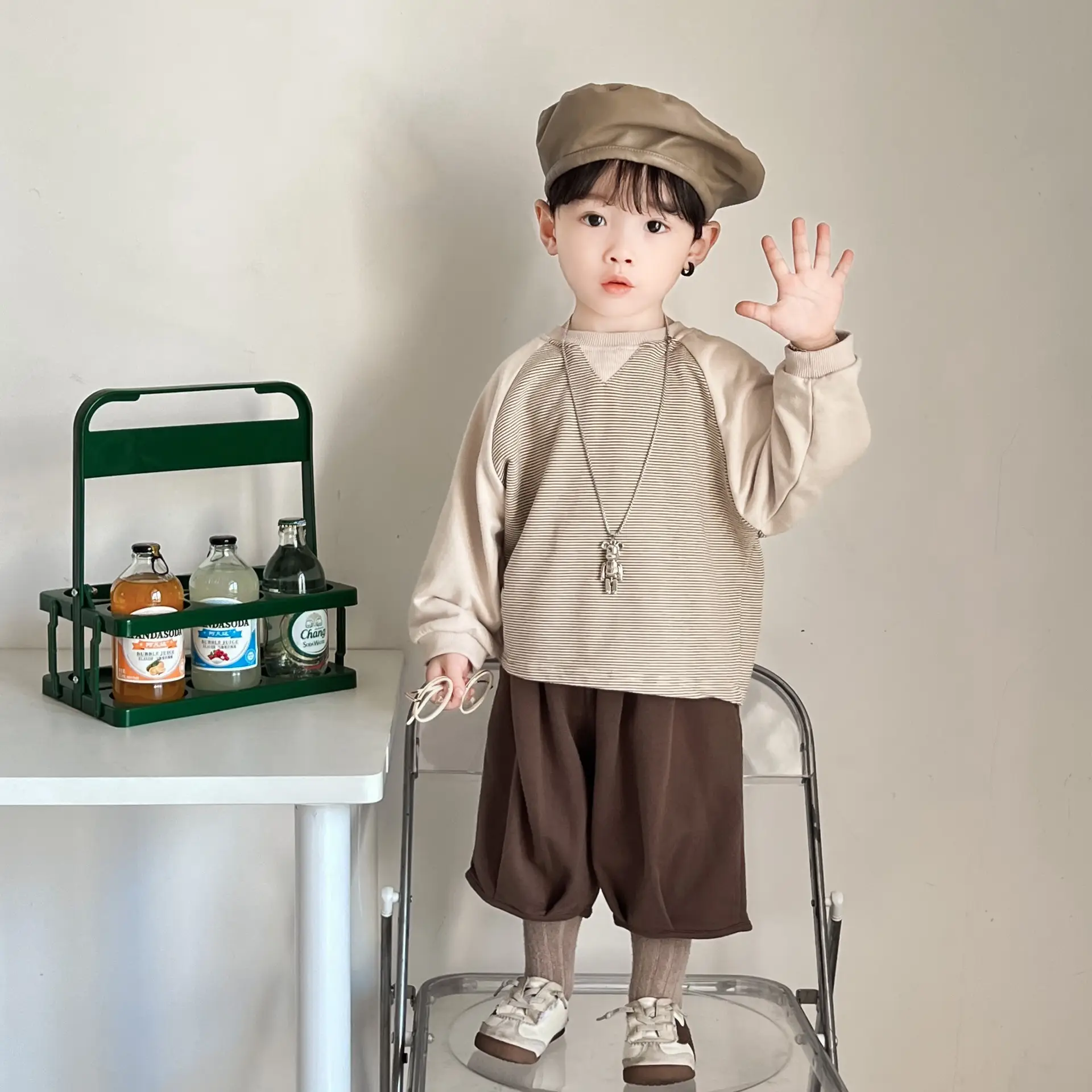 Kids Long Sleeve T-Shirt Brown Loose Fit Korean Style - Image 4