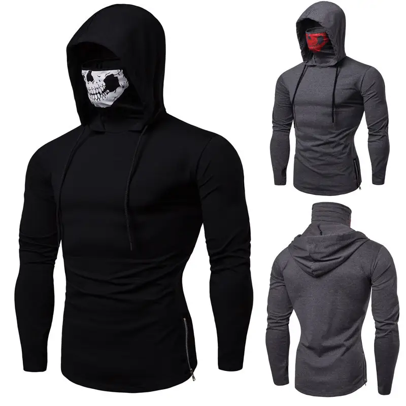 Men Hooded Long Sleeve T-Shirt with Skull Mask Design Black