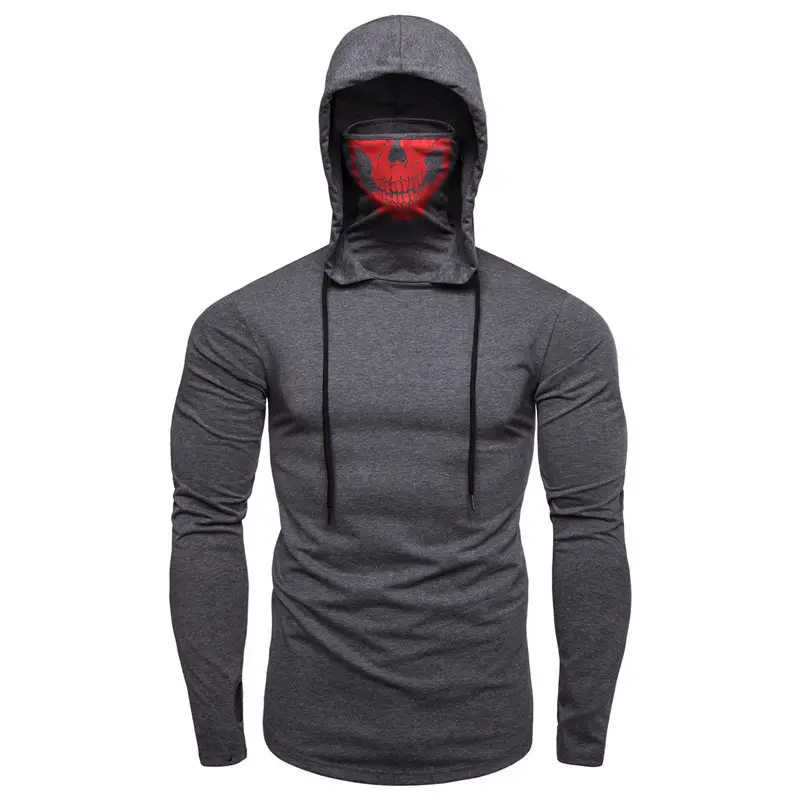Men Hooded Long Sleeve T-Shirt with Skull Mask Design Black