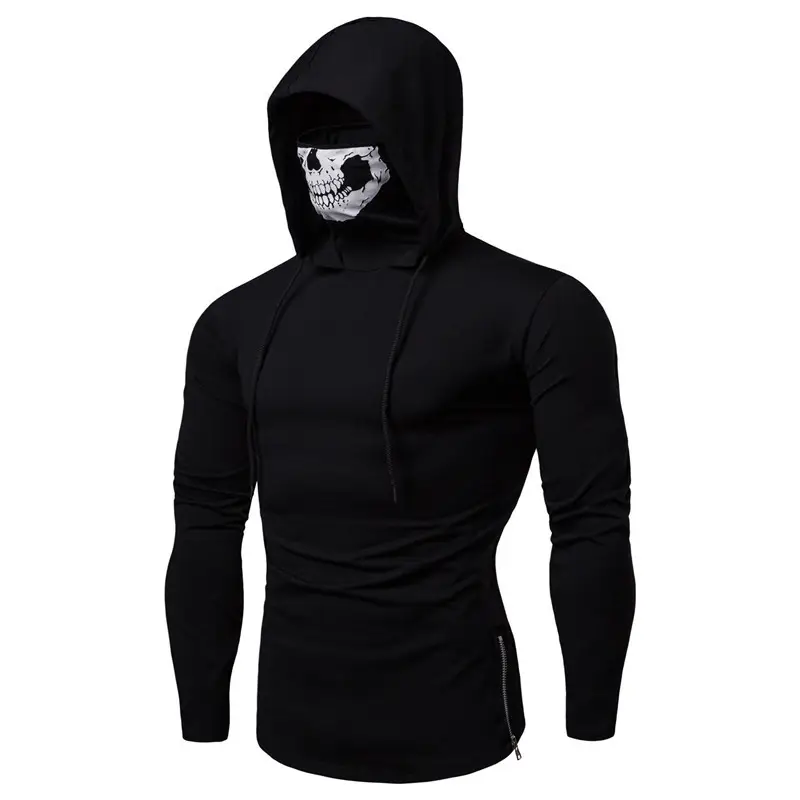 Men Hooded Long Sleeve T-Shirt with Skull Mask Design Black — feature 2