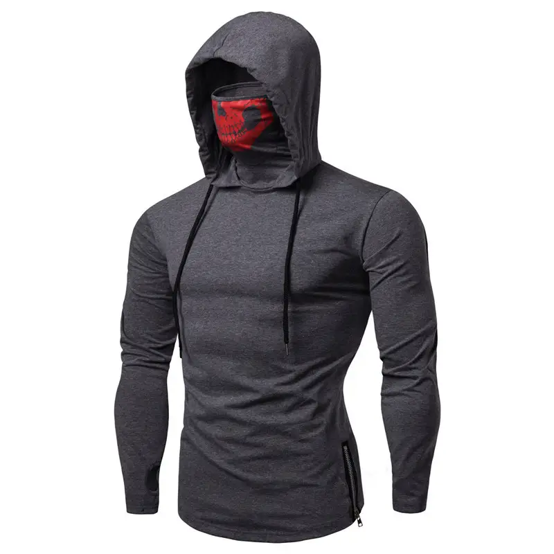Men Hooded Long Sleeve T-Shirt with Skull Mask Design Black — feature 5