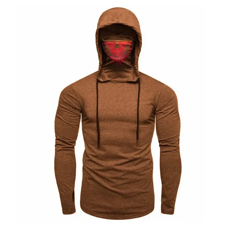 Men Hooded Long Sleeve T-Shirt with Skull Mask Design Black