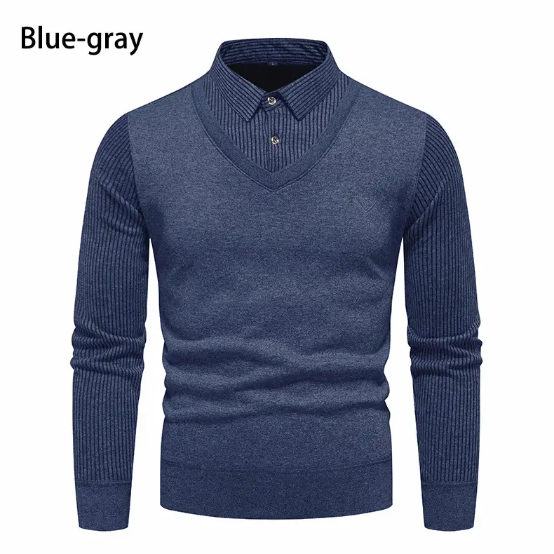 Navy Blue Fleece Lined Men's V-Neck Sweater