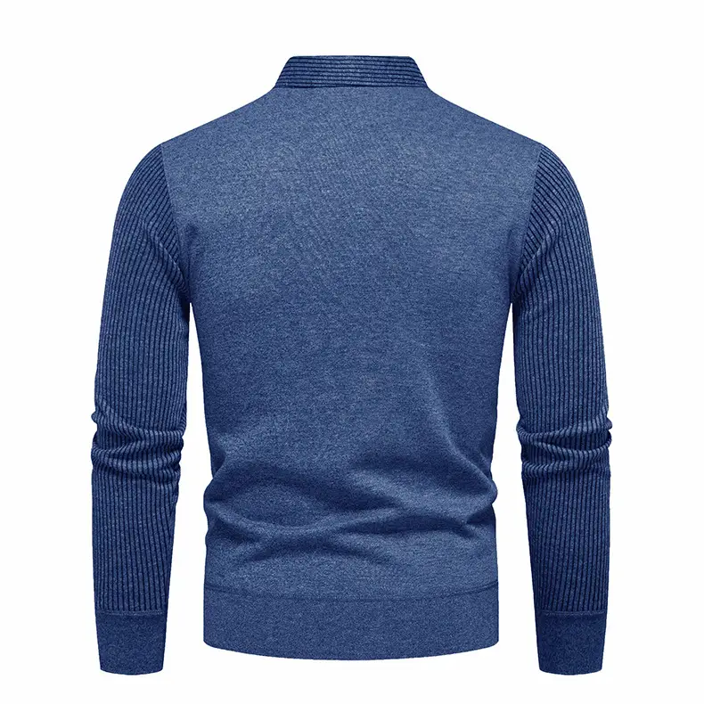 Navy Blue Fleece Lined Men's V-Neck Sweater — feature 10