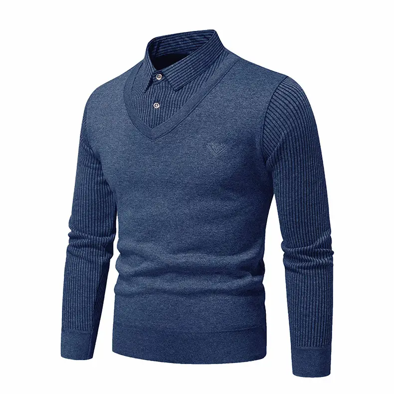 Navy Blue Fleece Lined Men's V-Neck Sweater — feature 12
